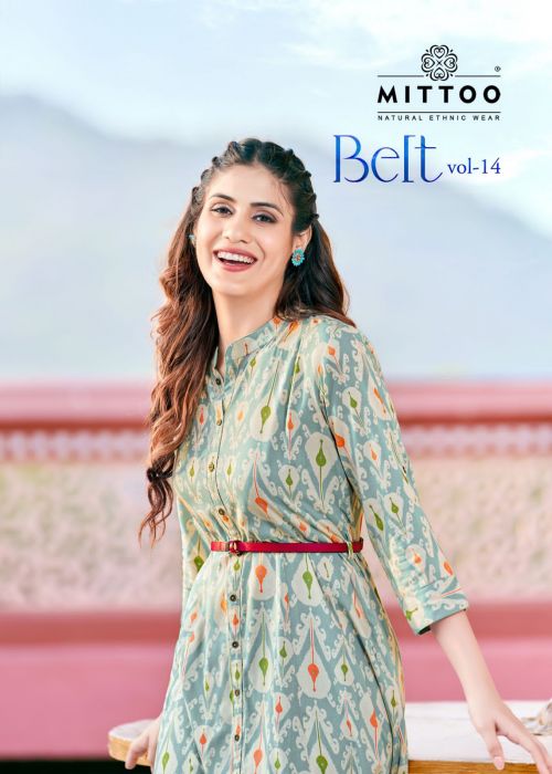 Mittoo Belt Vol 14 Fancy Stylish Rayon Printed Flared Kurti Collection