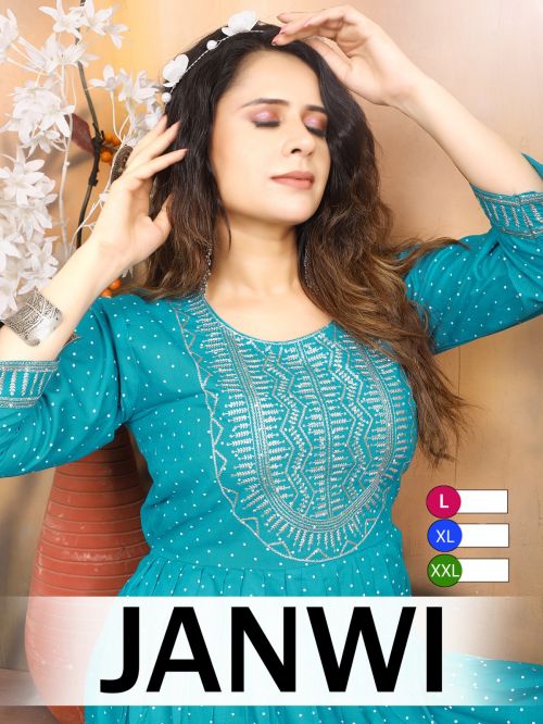 Fashion Begins Janwi Rayon Embroiery Printed Kurti With Bottom