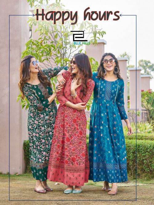 Blue Hills Happy Hours Foli Printed Rayon Anarkali Gown Kurti Collection