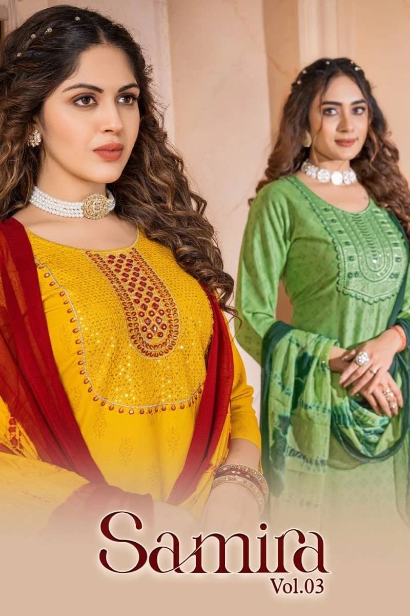 Kinti Samira Vol 3 Heavy Rayon Kurti Palazzo With Dupatta Set