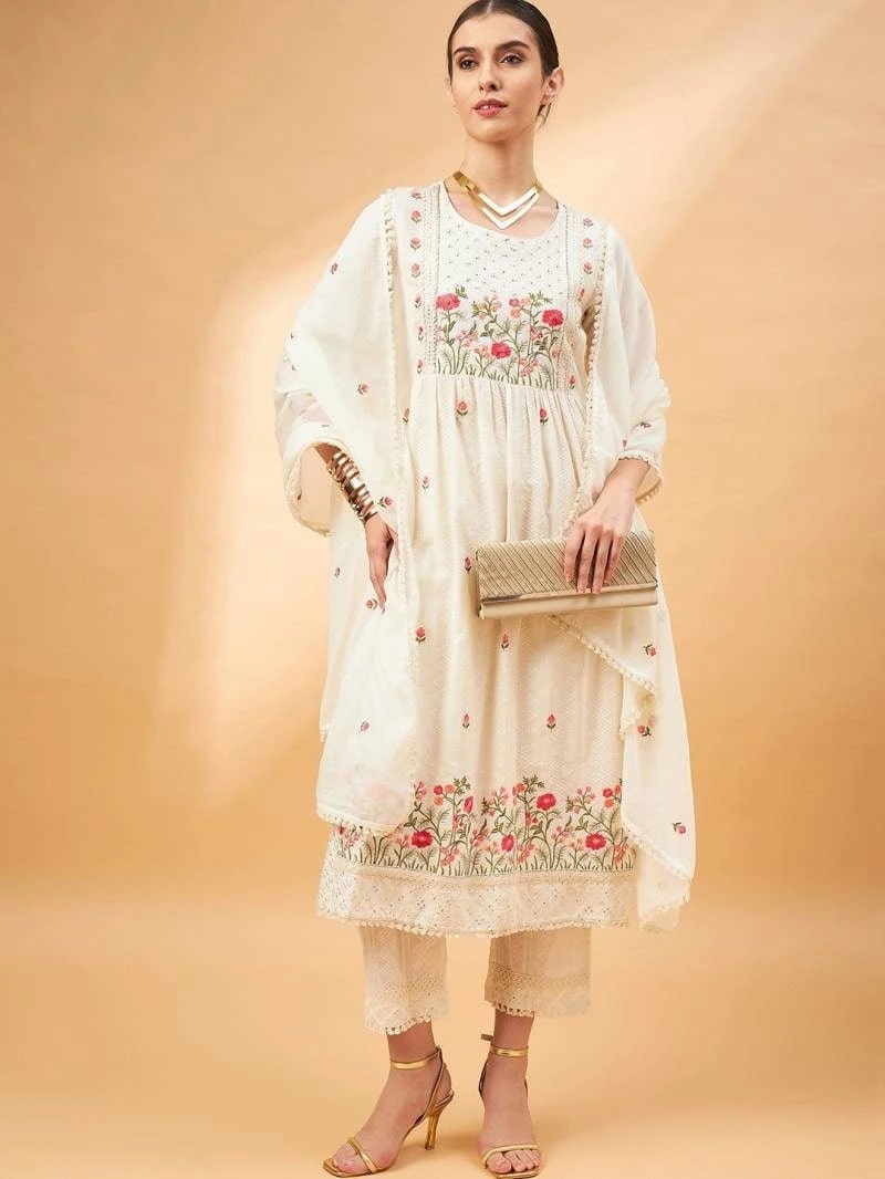398 Off White Designer Kurti Pant With Dupatta Set