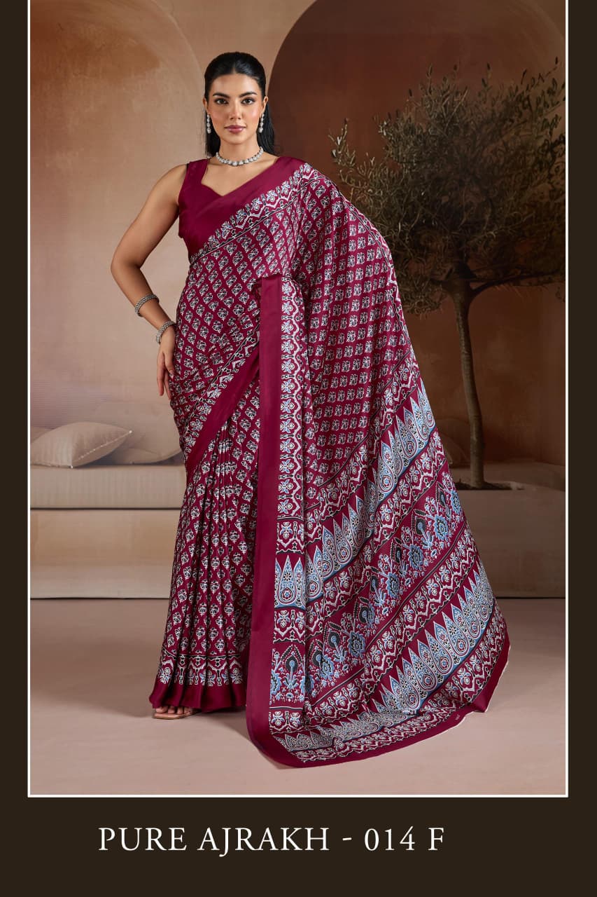 Pure Ajrakh 014 A To F Modal Satin Printed Ajrakh Saree Collection