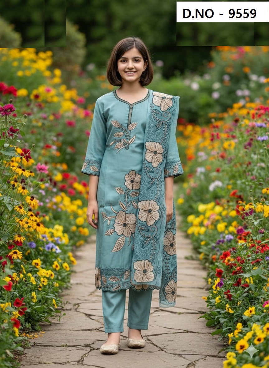 Kurti Set 9559 Roman Silk Flower Design Kids Readymade Dress