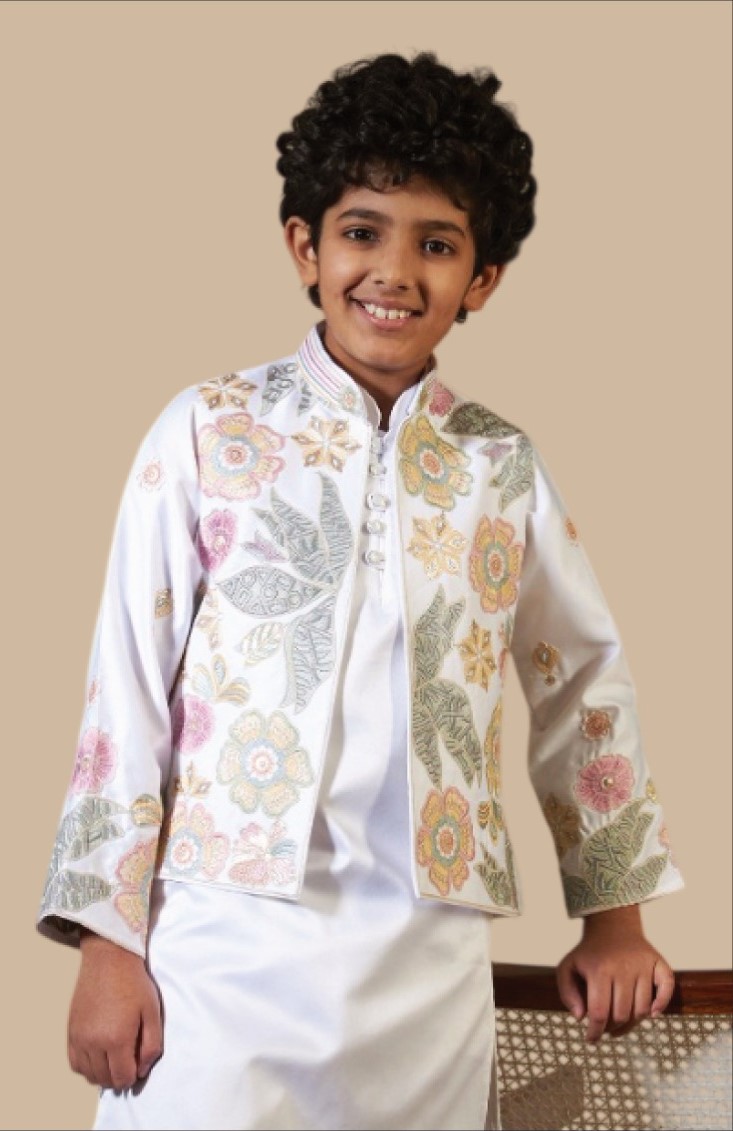 Clleora Little Carnival Threadwork Silk Kurta Pajama With Jacket Boys