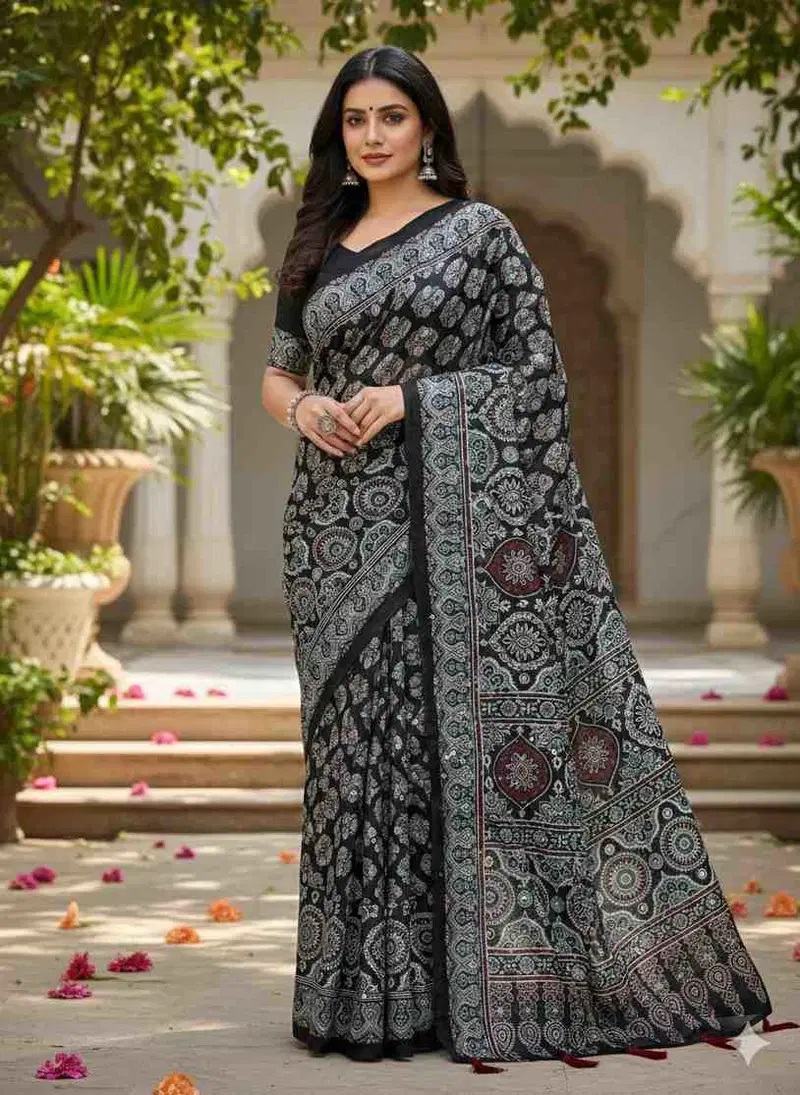 Kc Mirror Worked Beautiful Ajrakh Saree Collection
