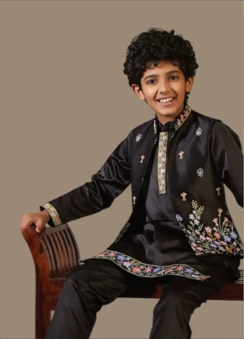 Clleora Mini Maharaj Satin Embroidered Kids Boy Kurta Pant And Koti