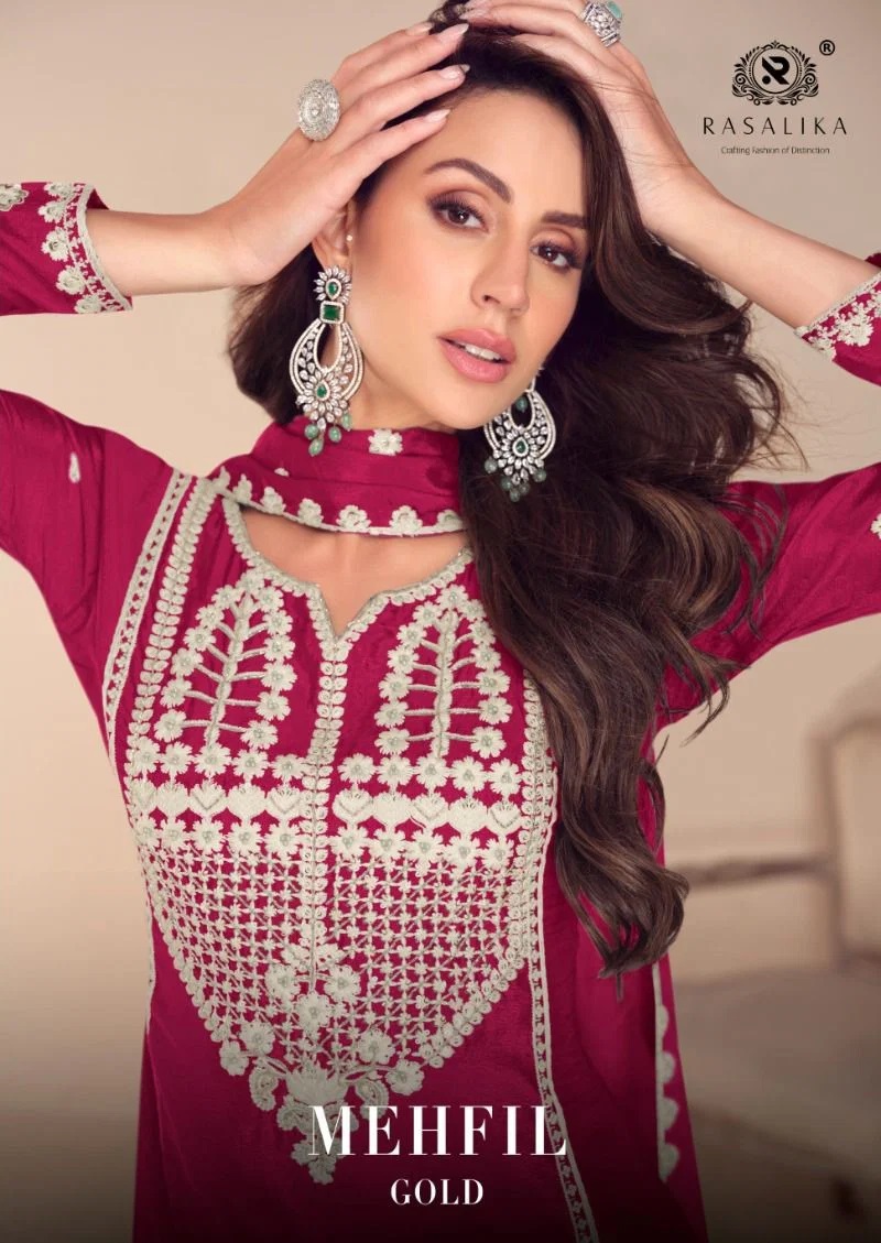Rasalika Mehfil Gold Chinon Silk Designer Salwar Kameez