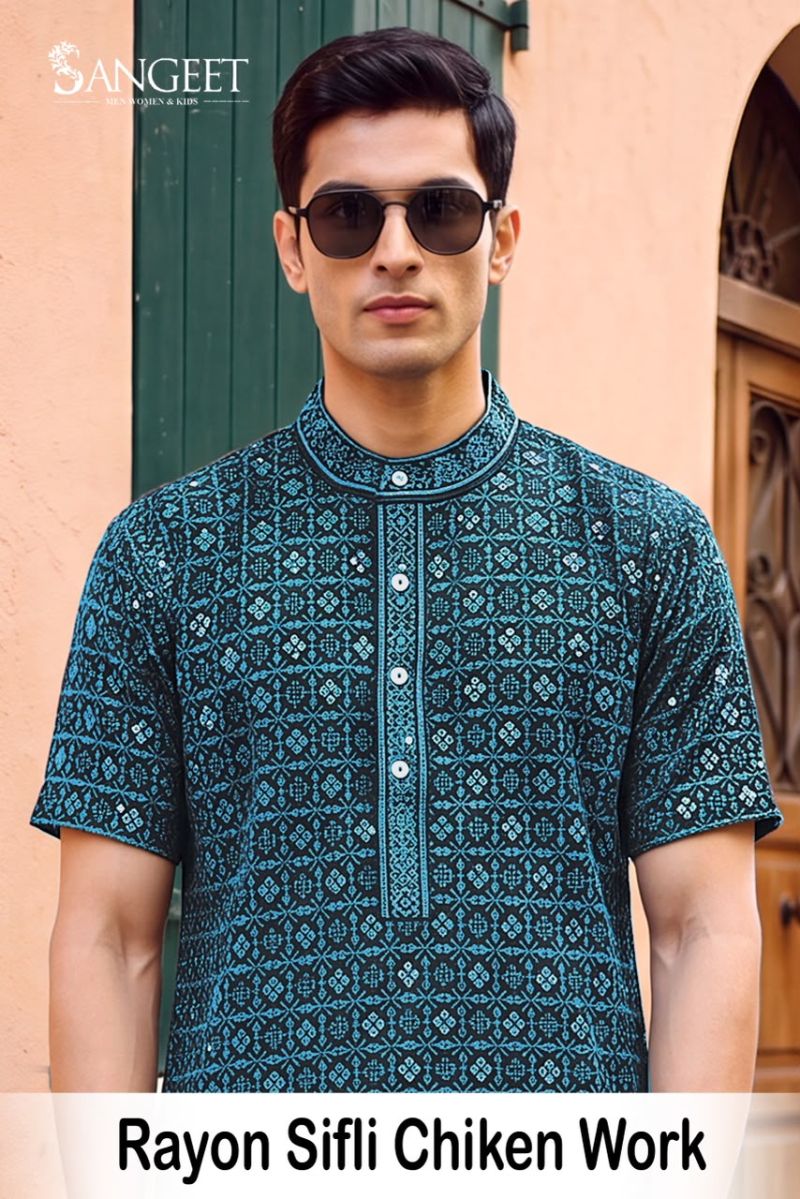 Sangeet Rayon Sifli Chicken Work Vol 2 Schiffli Short Mens Kurta
