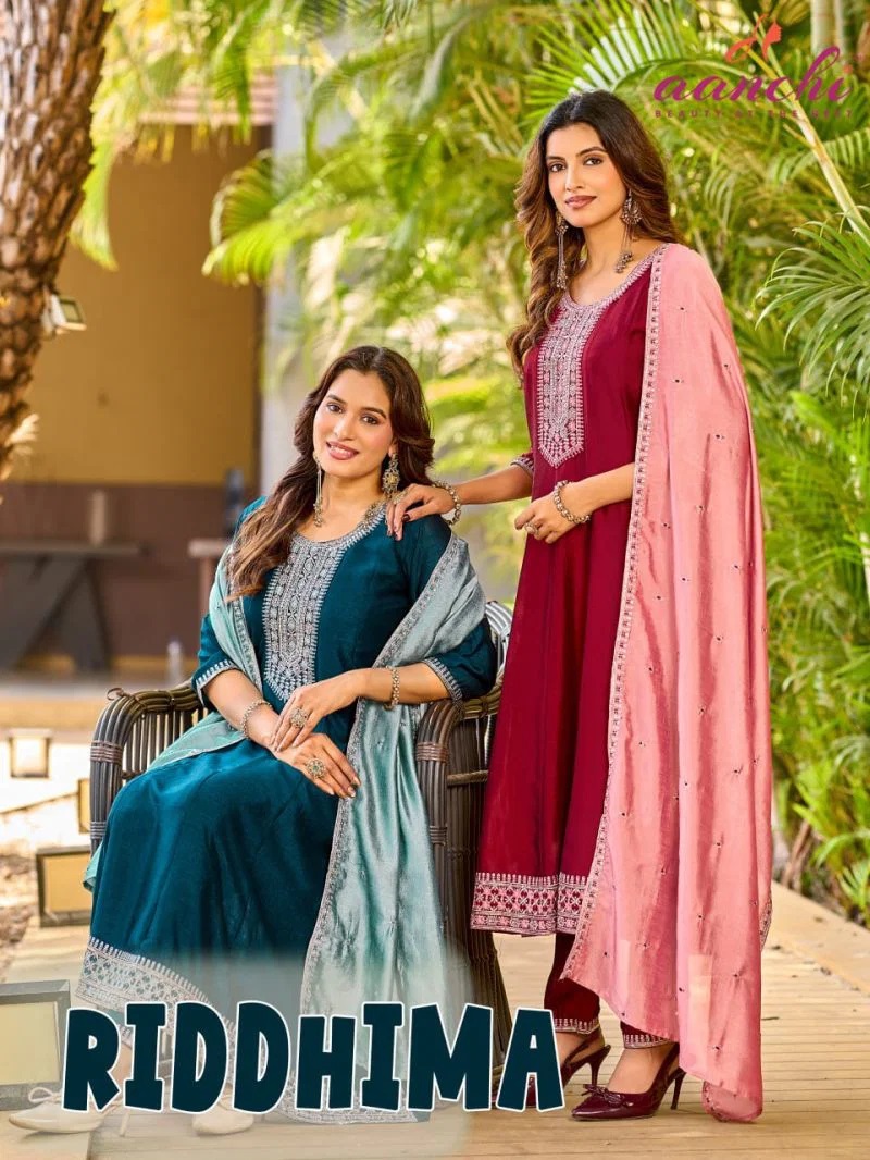 Aanchi Riddhima Vichitra Silk Anarkali Kurti With Bottom Dupatta