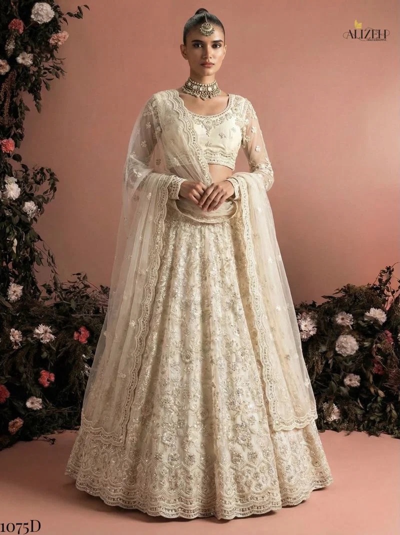 Alizeh White Net Wedding Embroidery Lehenga Choli Collection