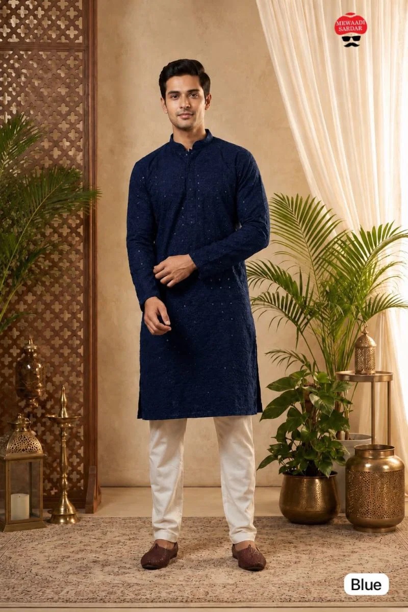 Manyavar Chikankari Vol 2 Schiffli Work Mens Kurta With Pant
