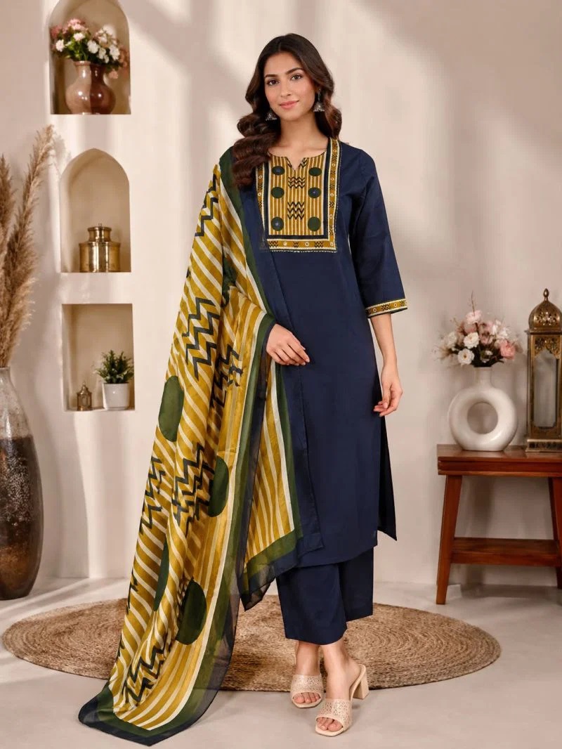 Nisha K 1124 Dhabu Cotton Kurti With Bottom Dupatta