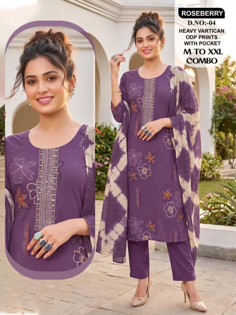 Roseberry Combo Embroidery Worked Kurti Bottom With Dupatta