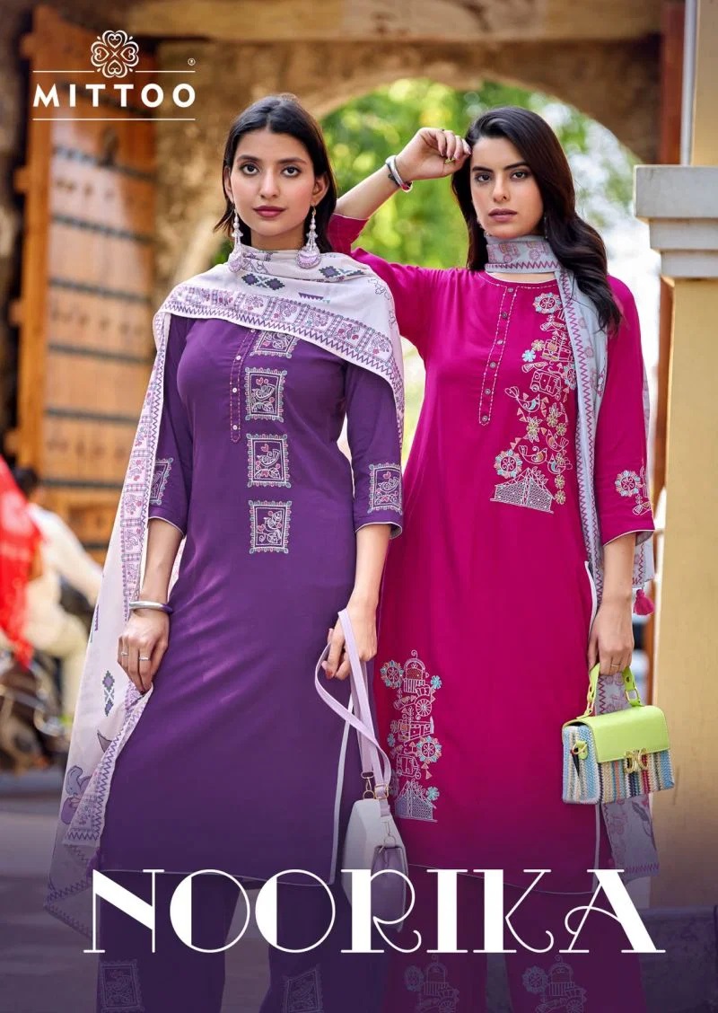 Mittoo Noorika Rayon Hand Work Kurti Set With Dupatta Collection