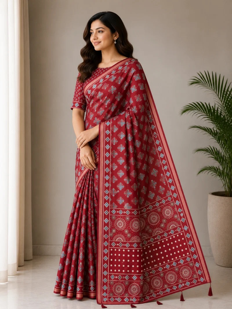 Mv Vis 36 Original Ajrakh Printed Saree Onine