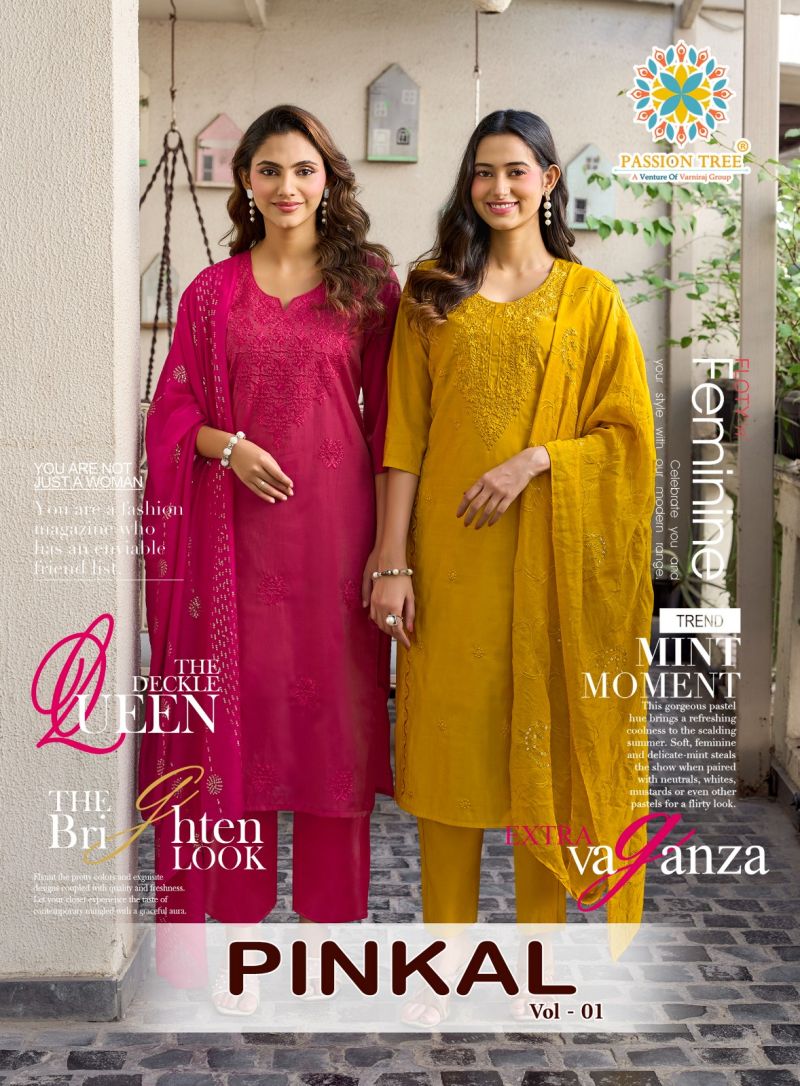 Passion Tree Pinkal Vol 1 Embroidered Kurti With Bottom Dupatta