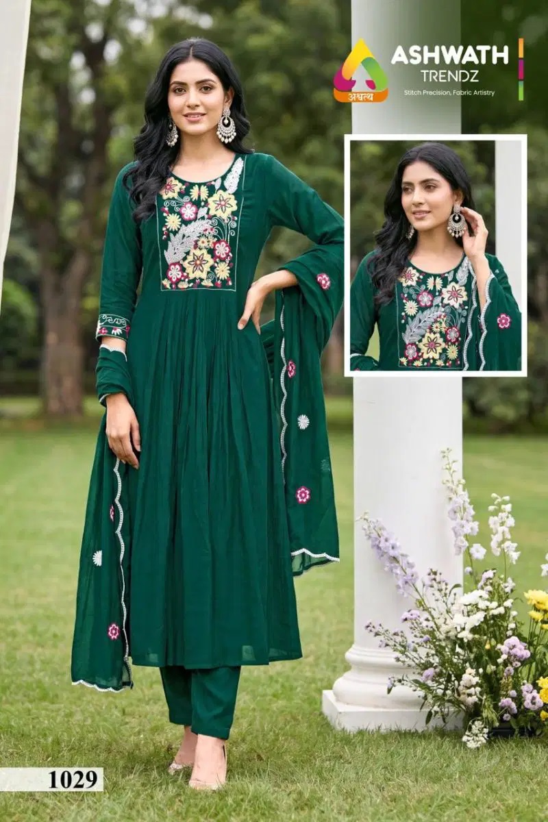 At Queen Mul Saffron Embroidered Anarkali Kurti Set With Dupatta