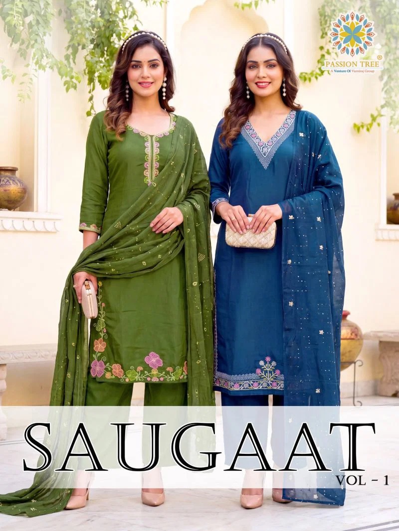 Passion Tree Saugaat Vol 1 Mal Chanderi Embroidered Kurti Set Dupatta